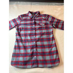 Columbia Mens Plaid Button-Down Shirt L Cotton/Polyester Red/Blue Long Sleeve Ca